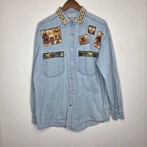 Buckley Bay Womens Vintage Denim Patch Friends Button Up Top Size M Cottage Core